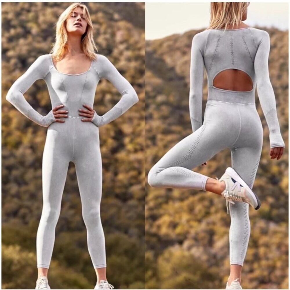 Free People Good Karma Long-Sleeve 7/8 Jumpsuit in Ice Grey Size XS/S